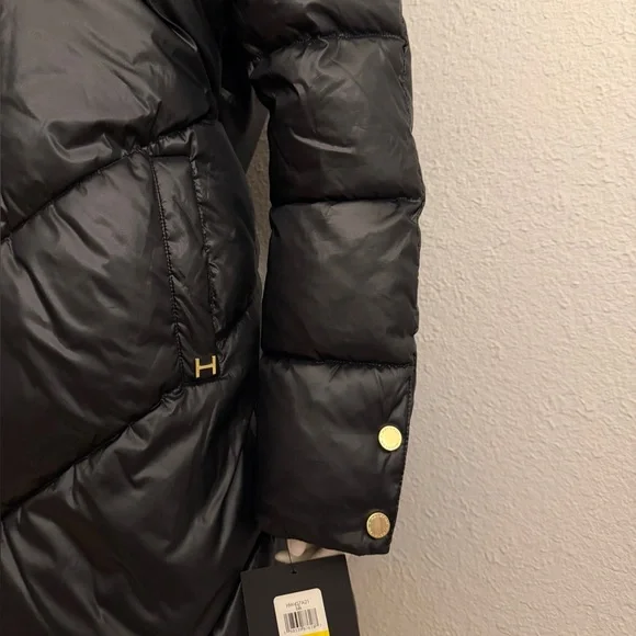 NWT‎ H by HALSTON Black Quilted Puffer Coat Asymmetric Oversized Faux Fur Collar - Picture 15 of 17